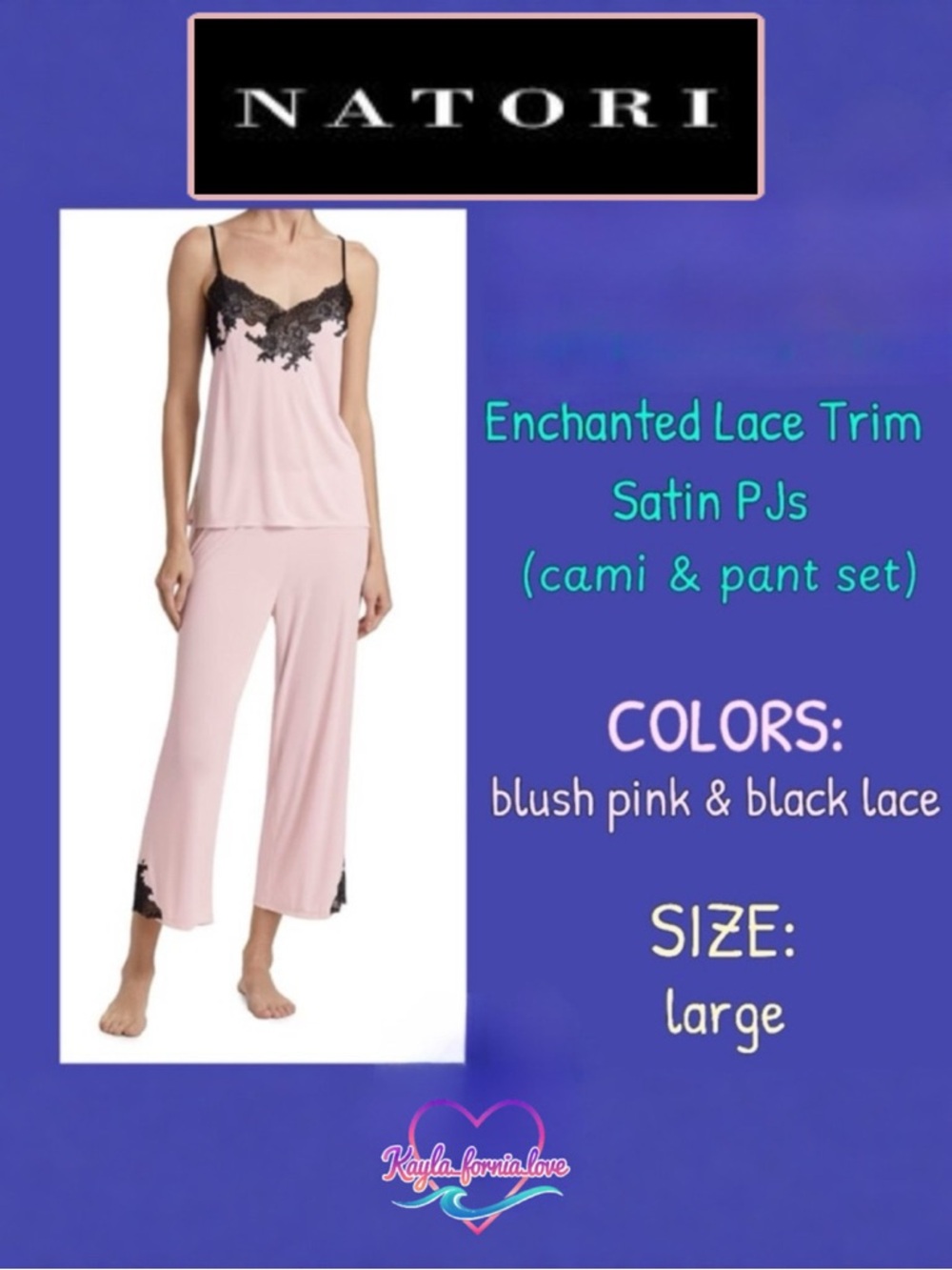 NWT Natori Enchant Lace Cami PJ Set Blush Pink Black Size L